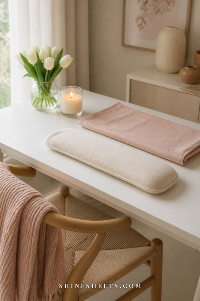 A soft cream cushion and a blush knitted throw on a light wooden desk chair beside a clean white desk