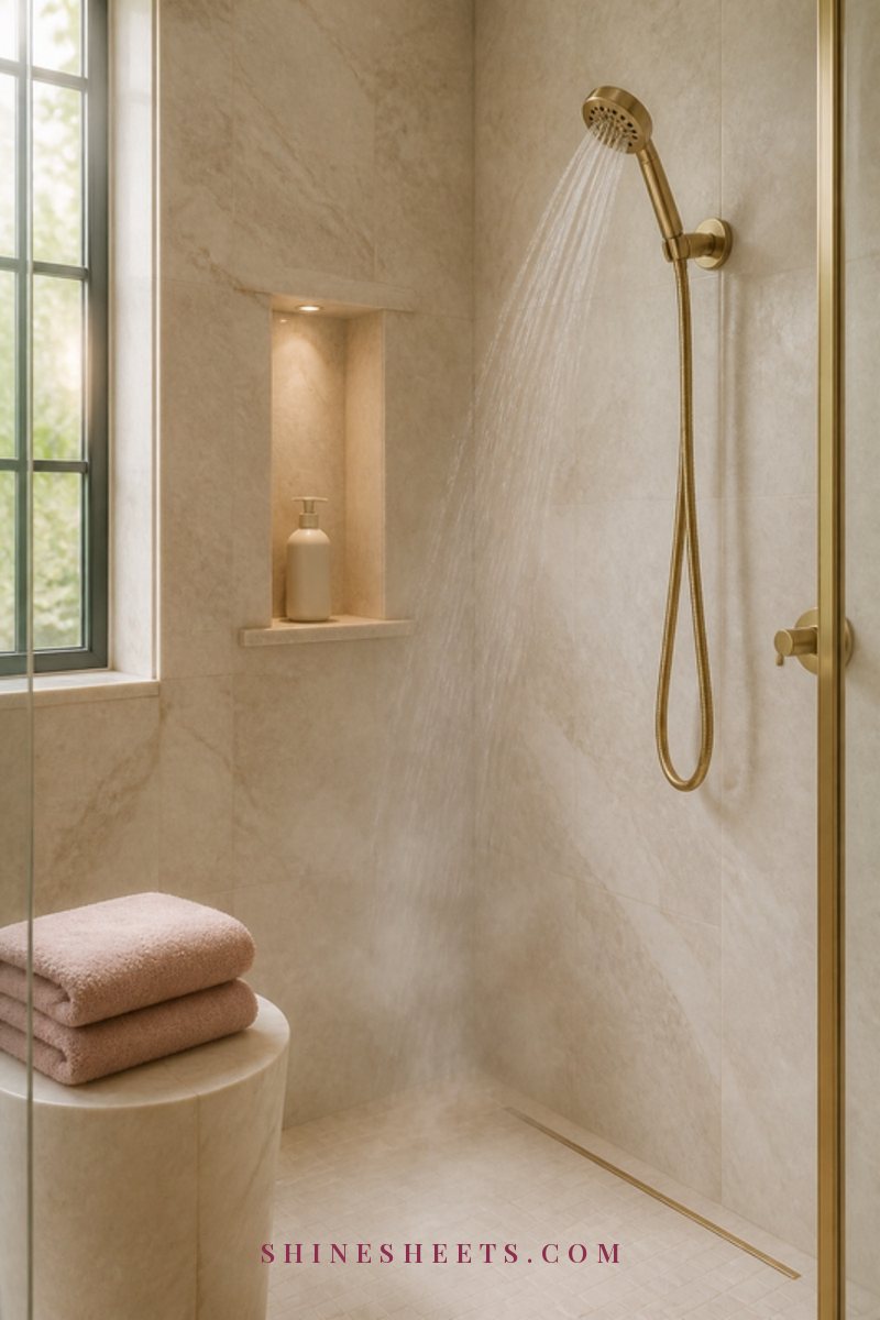 Calm cream marble shower with a handheld shower head, a gentle shampoo bottle and folded blush towels