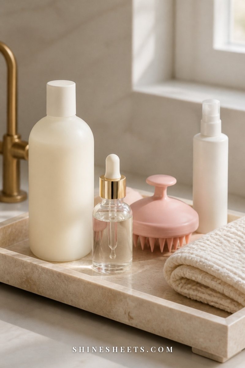 Gentle scalp care routine on a cream tray: mild shampoo, dropper serum, pink scalp massager and leave-in bottle