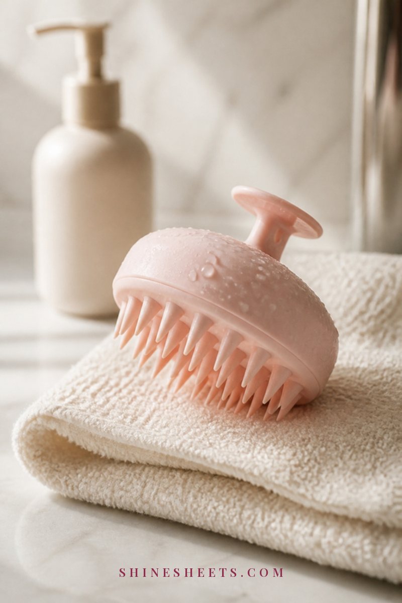 Soft pink silicone scalp massager resting on a folded cream towel beside a shampoo bottle