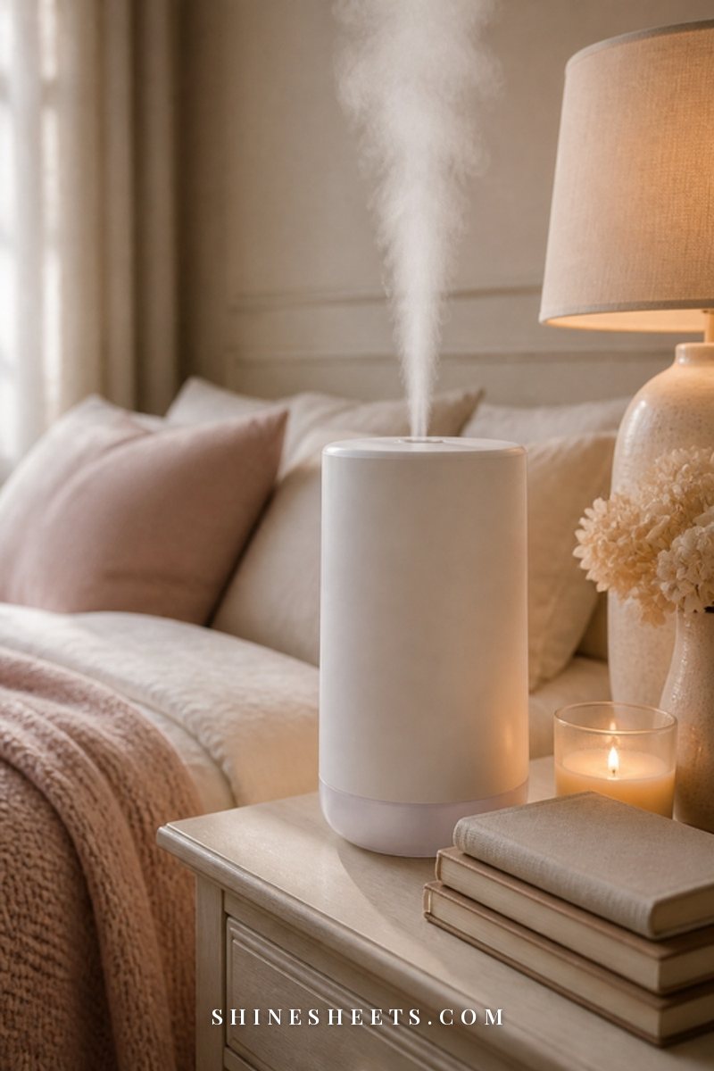 White cool-mist humidifier releasing soft mist on a cream bedside table beside a glass candle and linen bedding