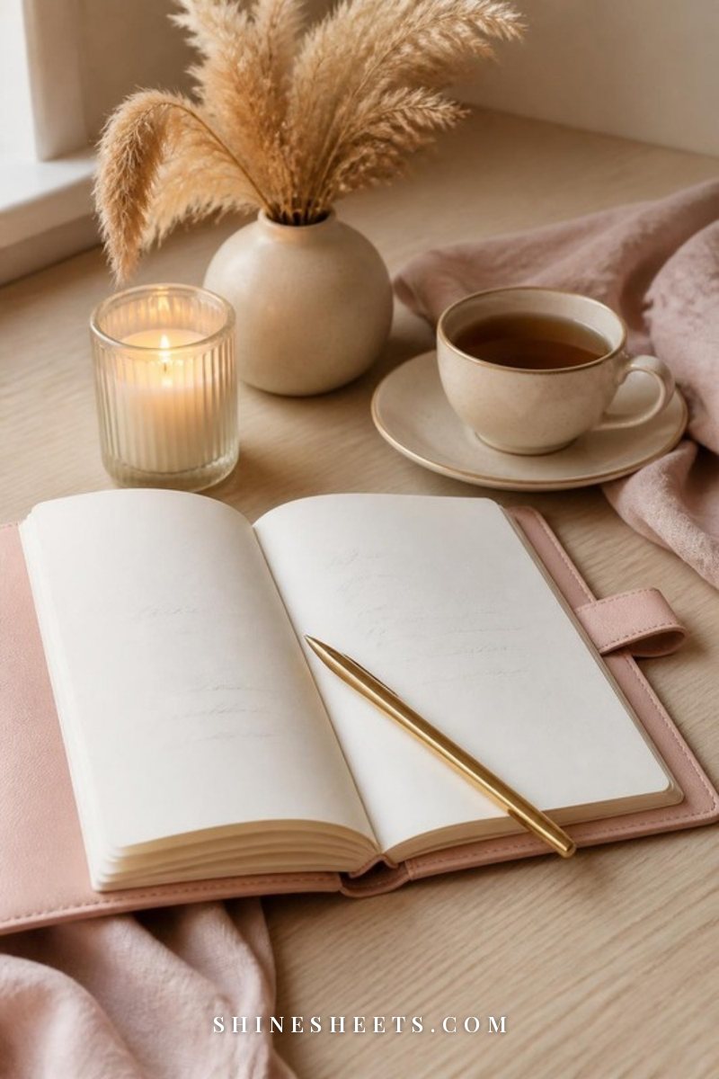 Blush budget planner open with blank pages, a gold pen and a cup of tea on a cream desk