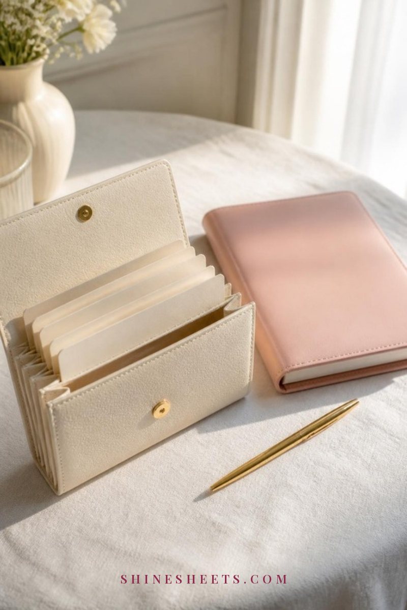 Cream cash envelope wallet, a closed blush planner and a gold pen on a white linen desk in soft morning light