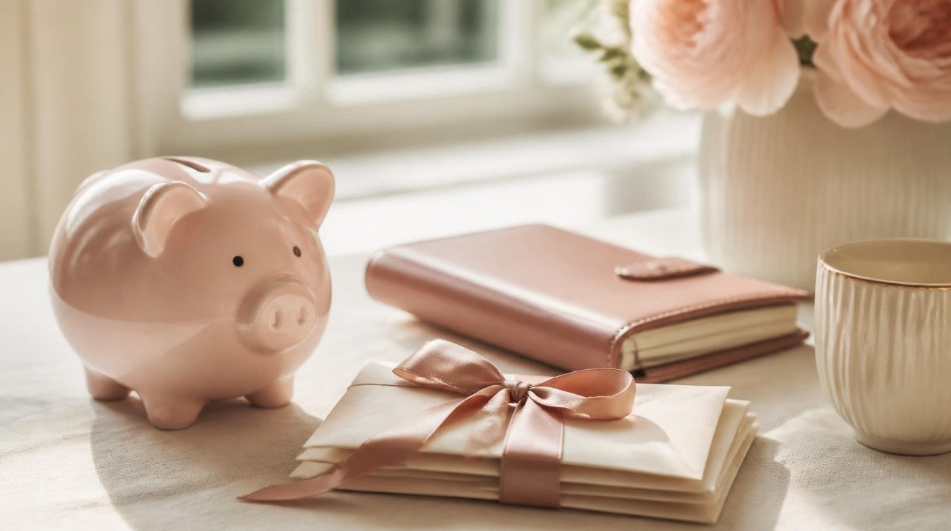Blush pink piggy bank beside ribbon-tied envelopes, a leather planner and a teacup on a desk