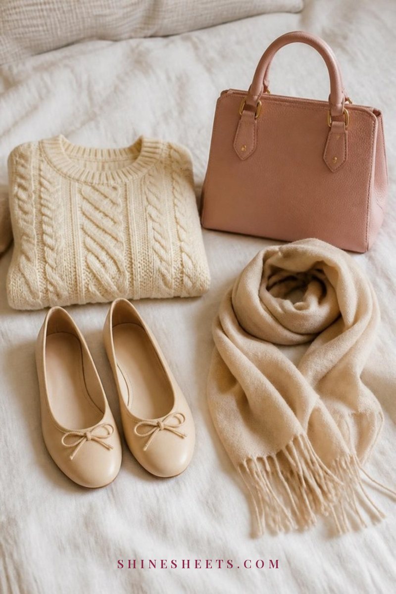 Folded cream knit sweater, a blush handbag and beige shoes neatly arranged on a white bed, ready to sell
