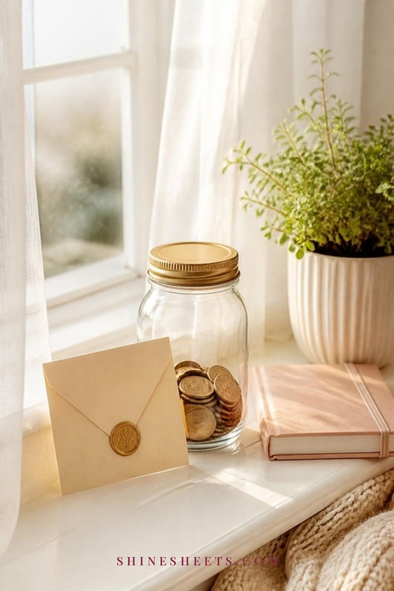 Glass savings jar, a cream envelope and a blush notebook on a white windowsill in soft light