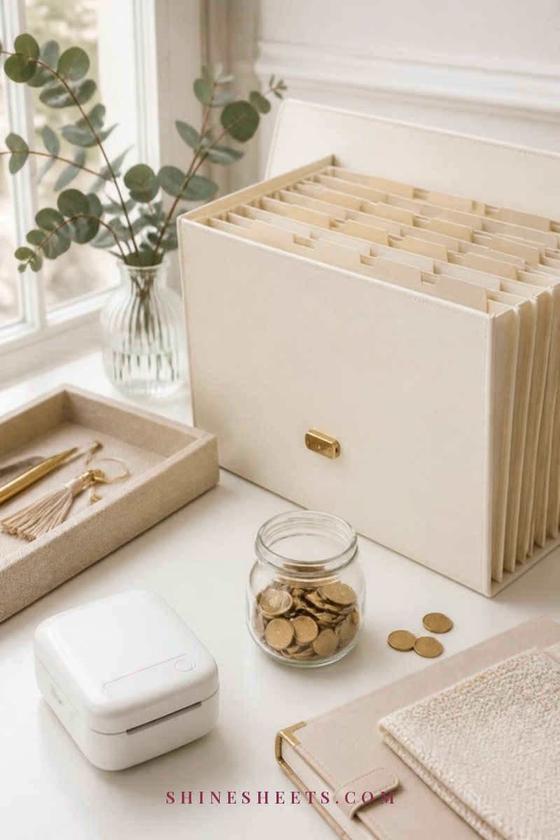 Neat white desk with a cream document folder, a white label maker and a small glass jar of coins
