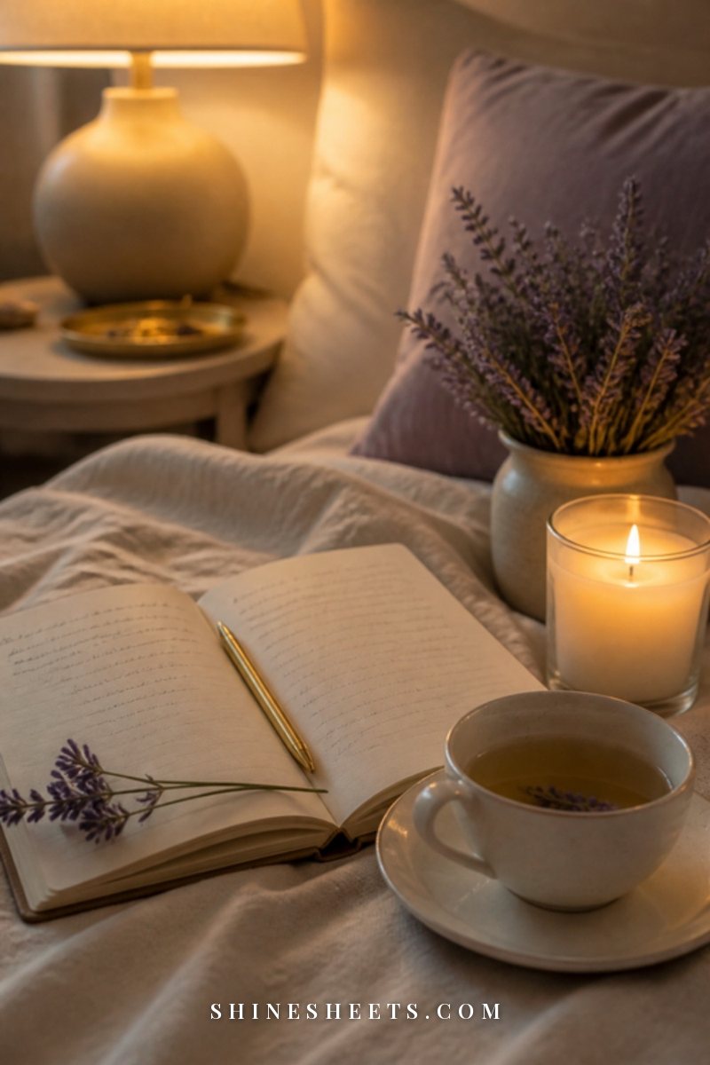 Open blank journal with a gold pen on a linen bedspread beside a glass candle