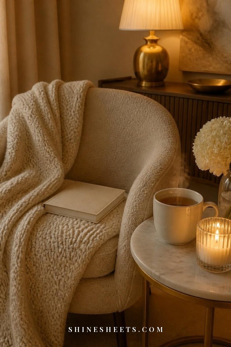 Soft beige throw blanket on a window seat with a cup of herbal tea and a closed book