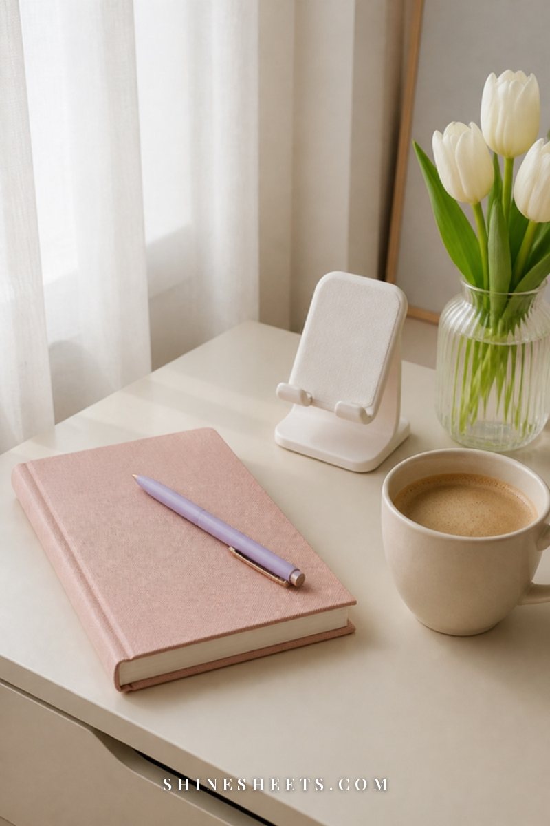 Tidy cream home office desk with a closed notebook, a gold pen and a vase of white tulips