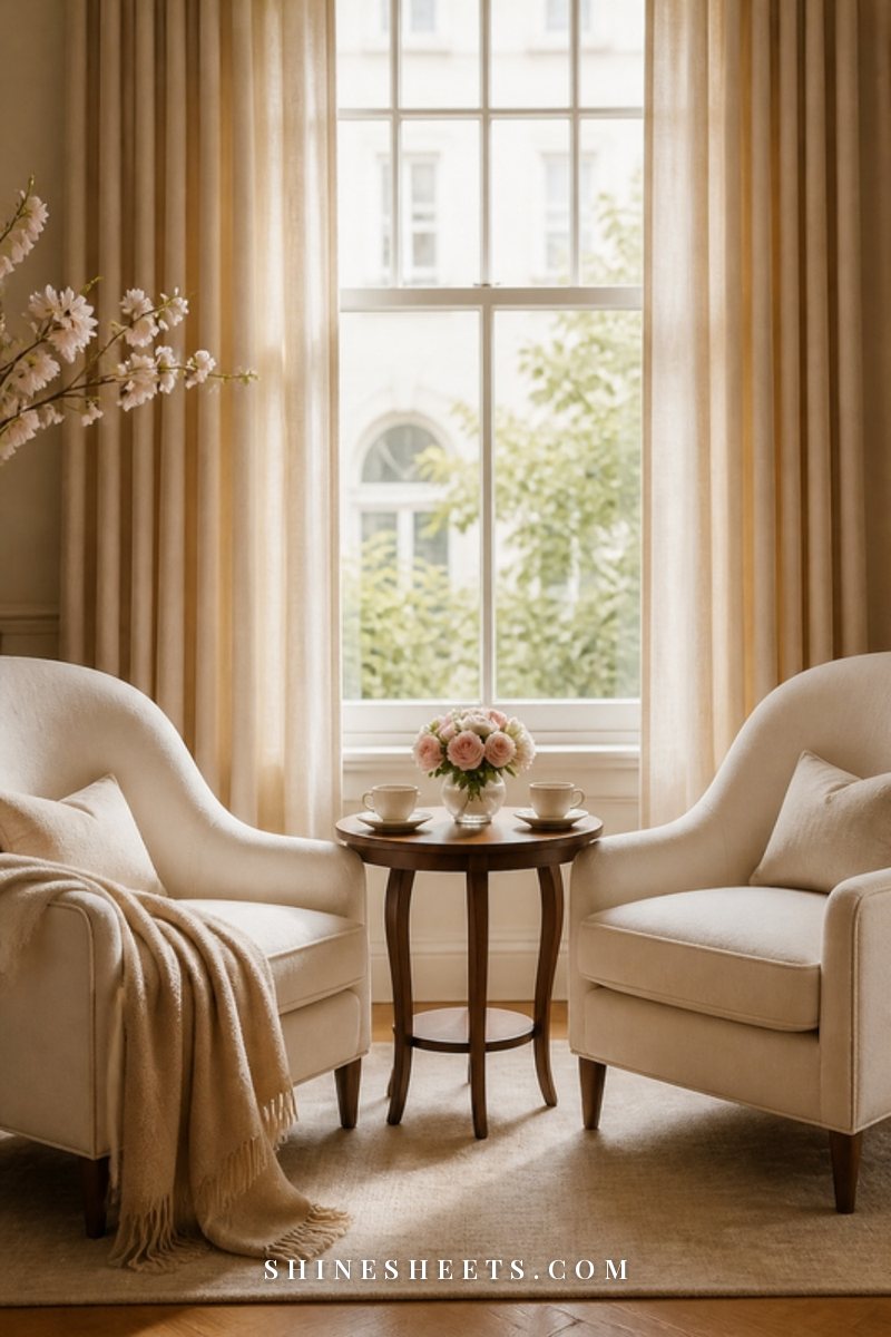 Two cups of tea on a small wooden table between two cream armchairs in a sunny room