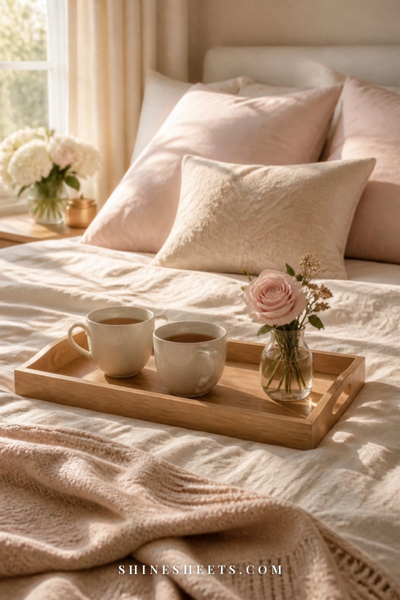 Two mugs of tea on a breakfast tray on a cream bed with a soft knit blanket
