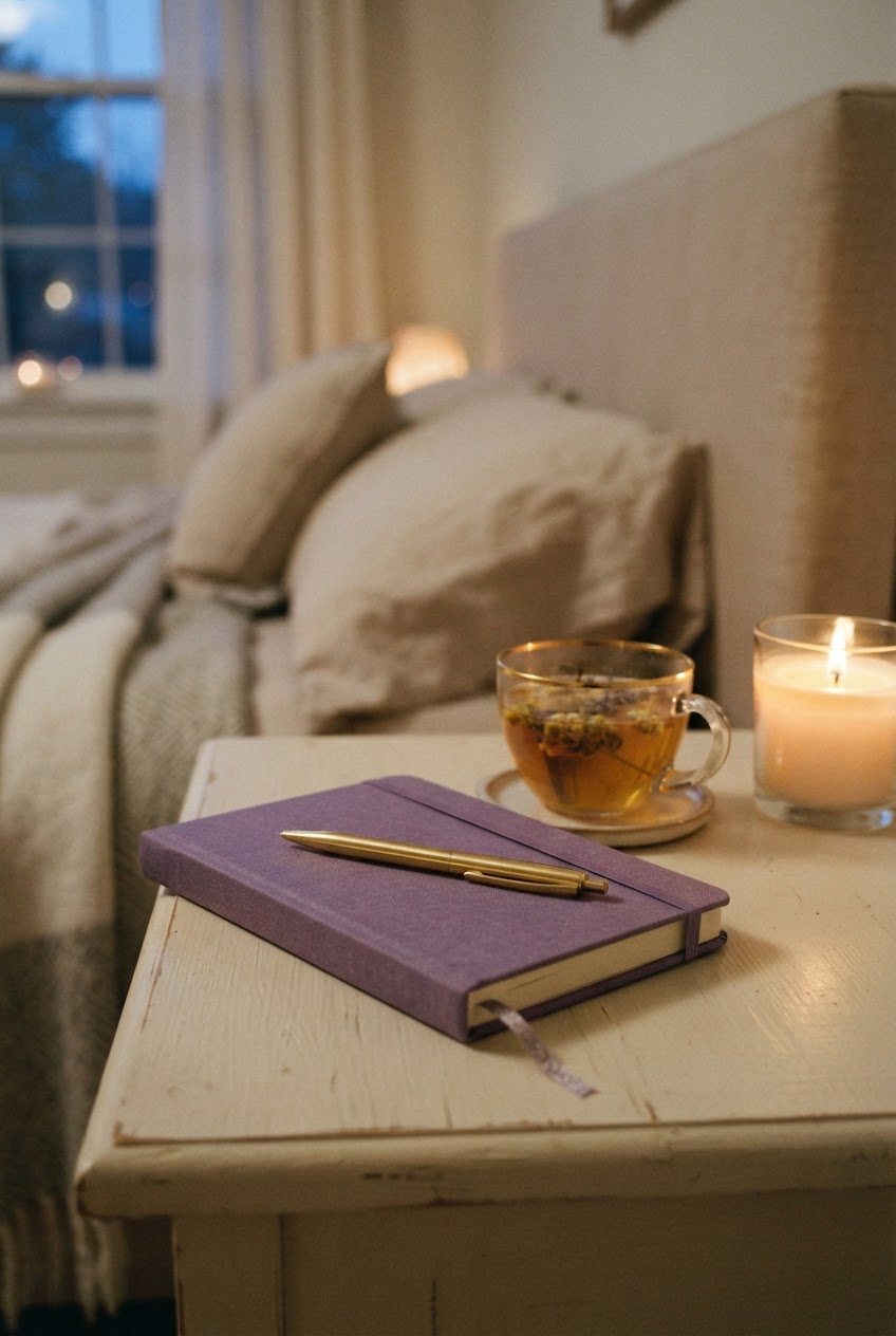 Lavender journal, a gold pen and a glass cup of herbal tea beside a lit glass candle on a cream bedside table in warm evening light