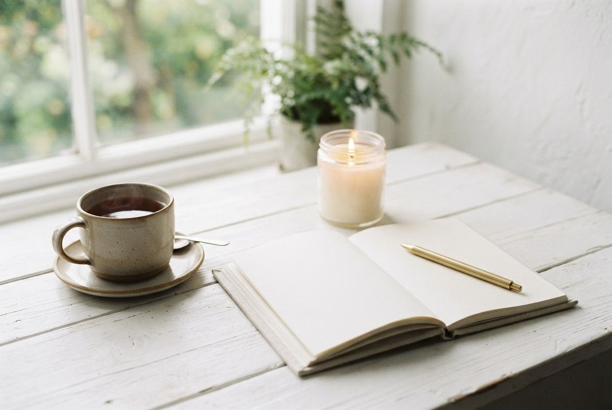 Open cream linen notebook, a pen, a lit glass candle and a ceramic tea mug on a white wooden desk in soft morning light