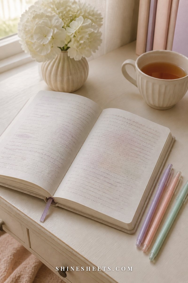 Open linen journal with soft illegible handwriting, pastel gel pens and a cup of tea on a cream wooden desk