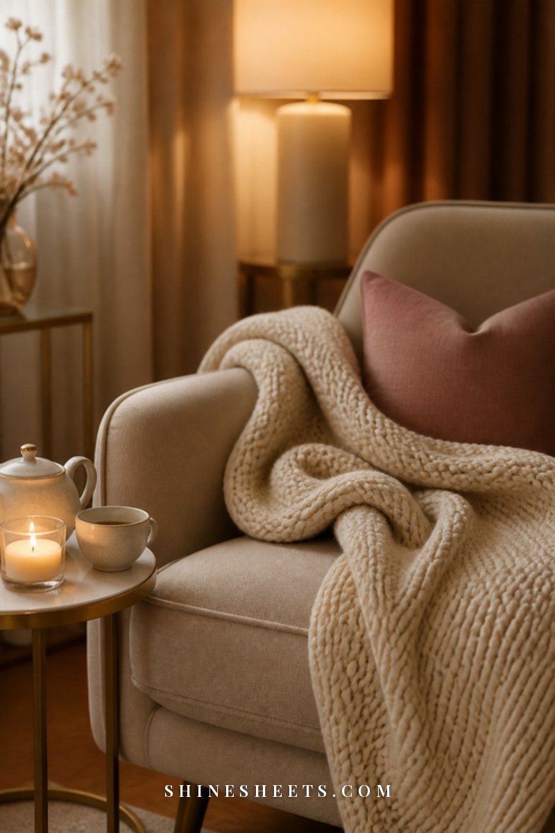 Soft cream knit throw blanket on a linen armchair with a lit glass candle and a teapot set on a side table in warm evening light
