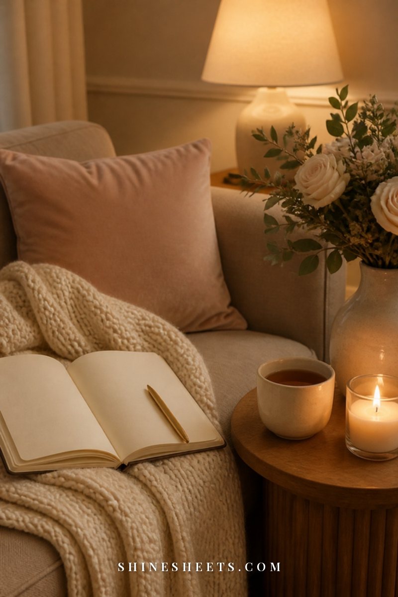 A comforting care basket with a blanket, tea and a candle on a sofa