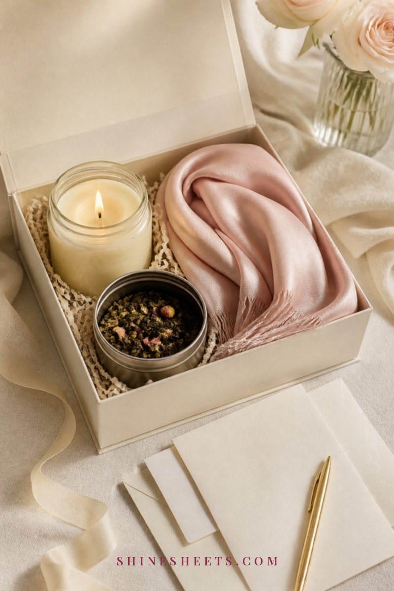 A self-care gift box with tea, a candle and cream notecards