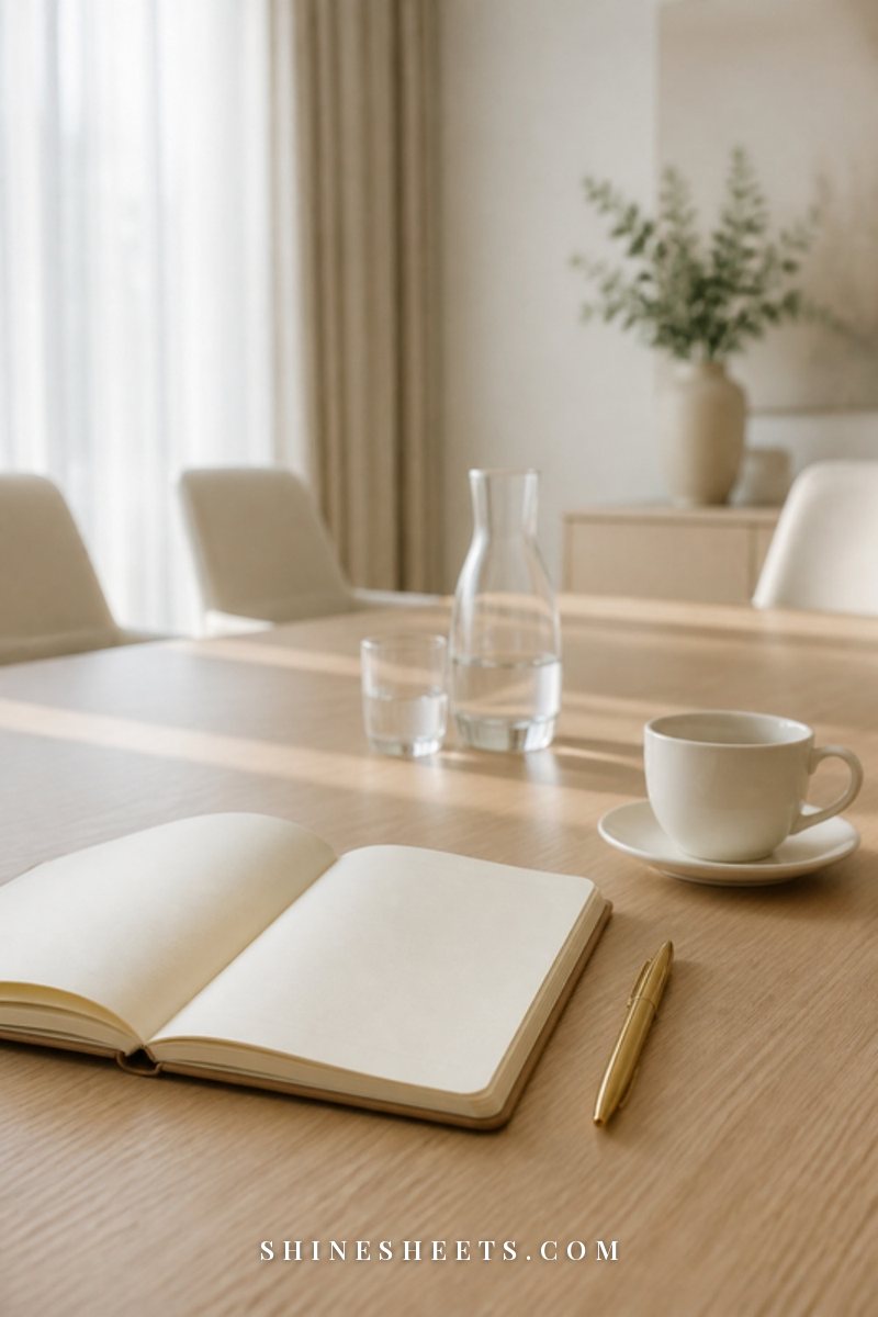 Two coffee cups on a cafe table with a notebook and pen