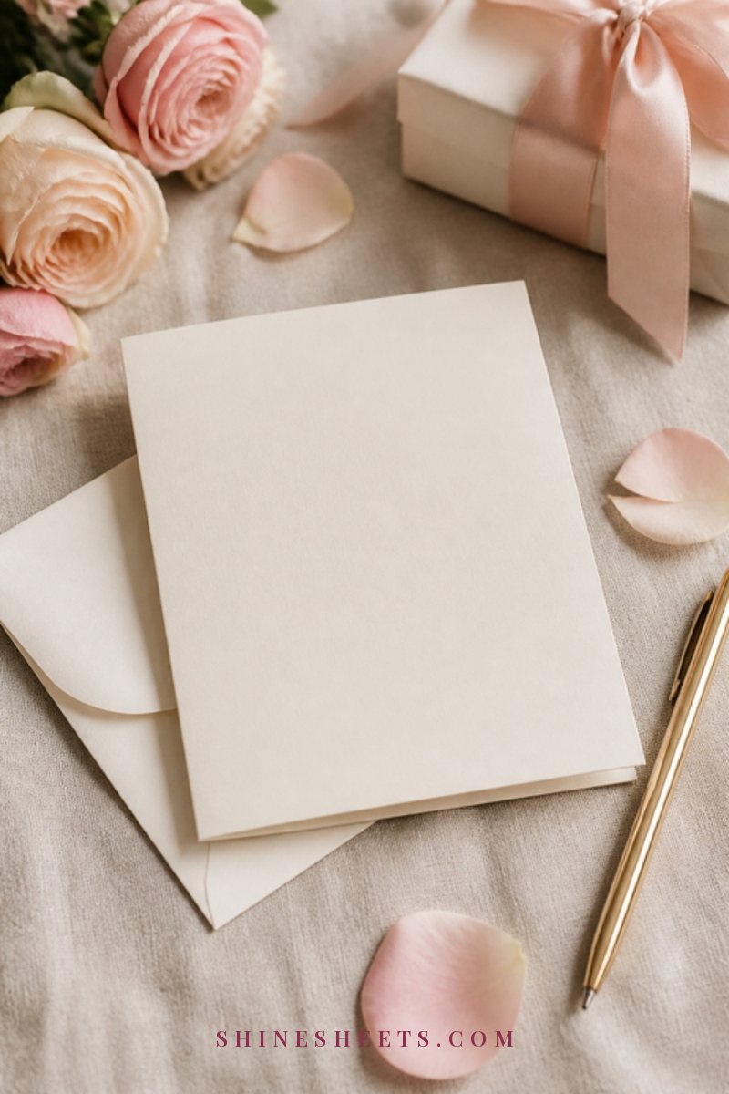 A wrapped care package tied with ribbon beside a blank card