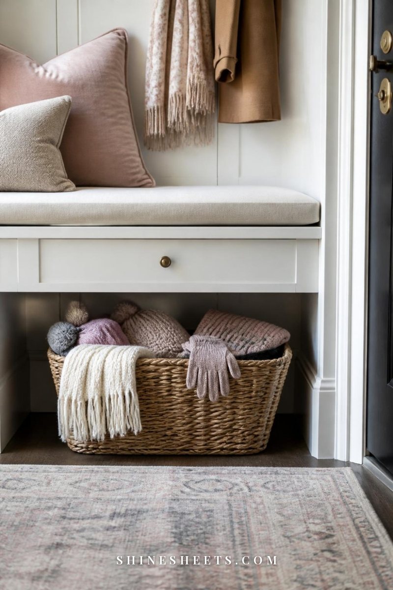 Woven basket with scarves and hats under an entryway bench