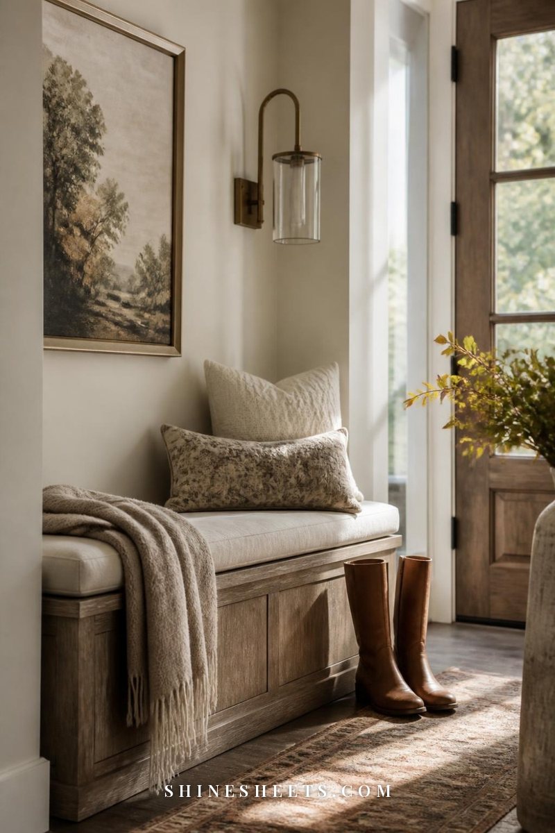 Entryway bench with cushion for putting on shoes
