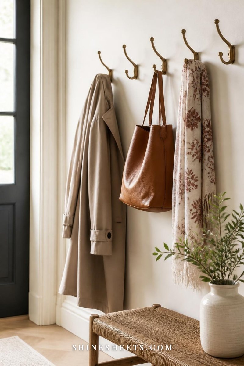 Row of brass wall hooks with coats and a tote bag in an entryway