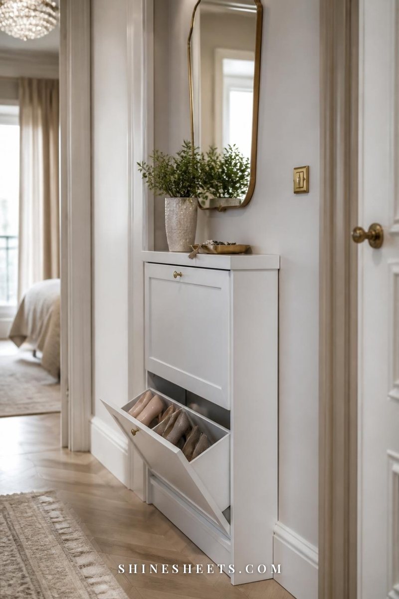 Slim white shoe cabinet with a tray and plant in a narrow hallway