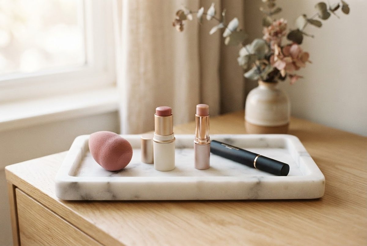Pink makeup sponge, cream blush stick, tinted lip balm and mascara arranged on a white marble vanity tray in soft daylight
