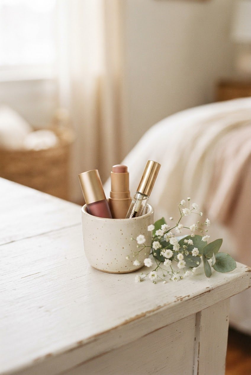 Tinted lip balm, cream blush stick and a clear brow gel standing in a small cream ceramic cup on a white vanity