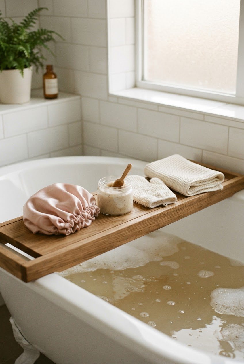Blush satin shower cap, a jar of body scrub, a white bath mitt and a folded cream towel on a wooden bath tray