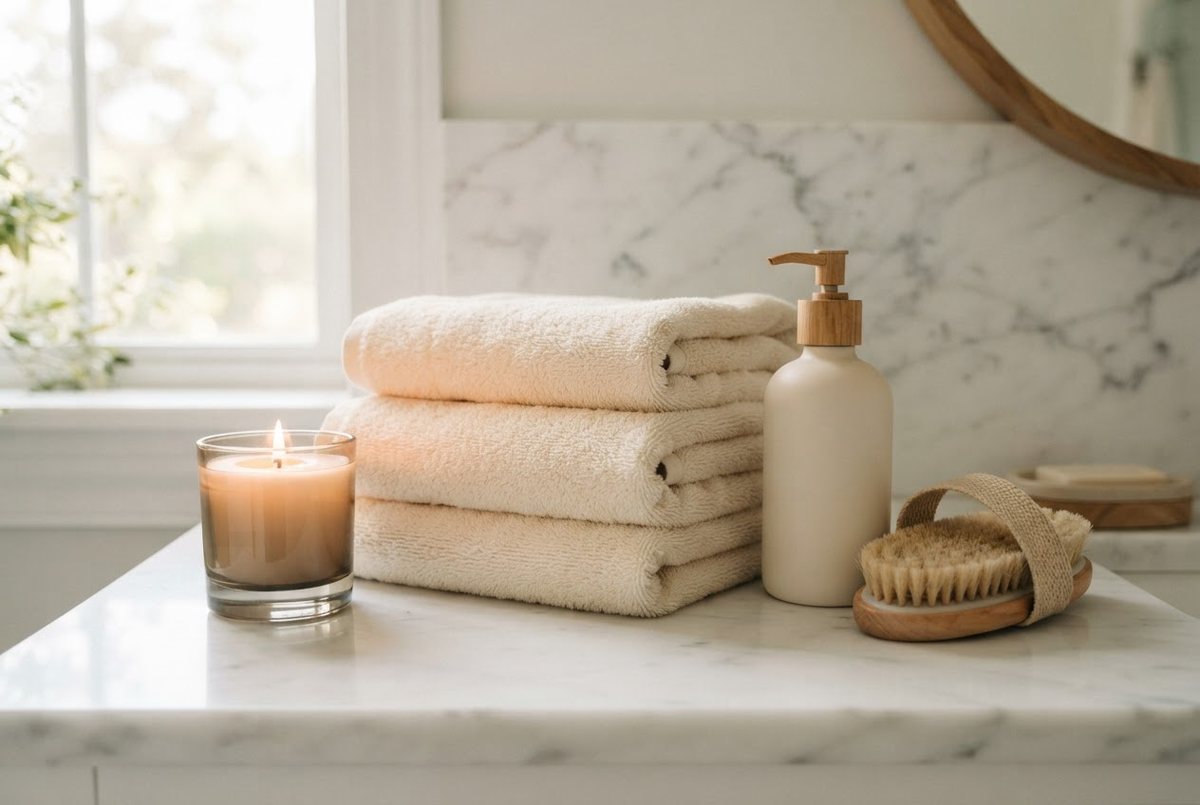 White fluffy towels, a cream body lotion bottle, a wooden bath brush and a glass candle on a marble bathroom counter in soft light