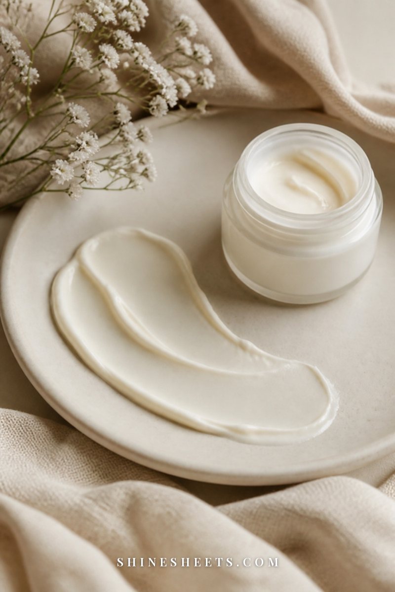 A rich ivory eye cream swatched on a cream ceramic dish next to a small white jar and a sprig of baby breath on beige linen