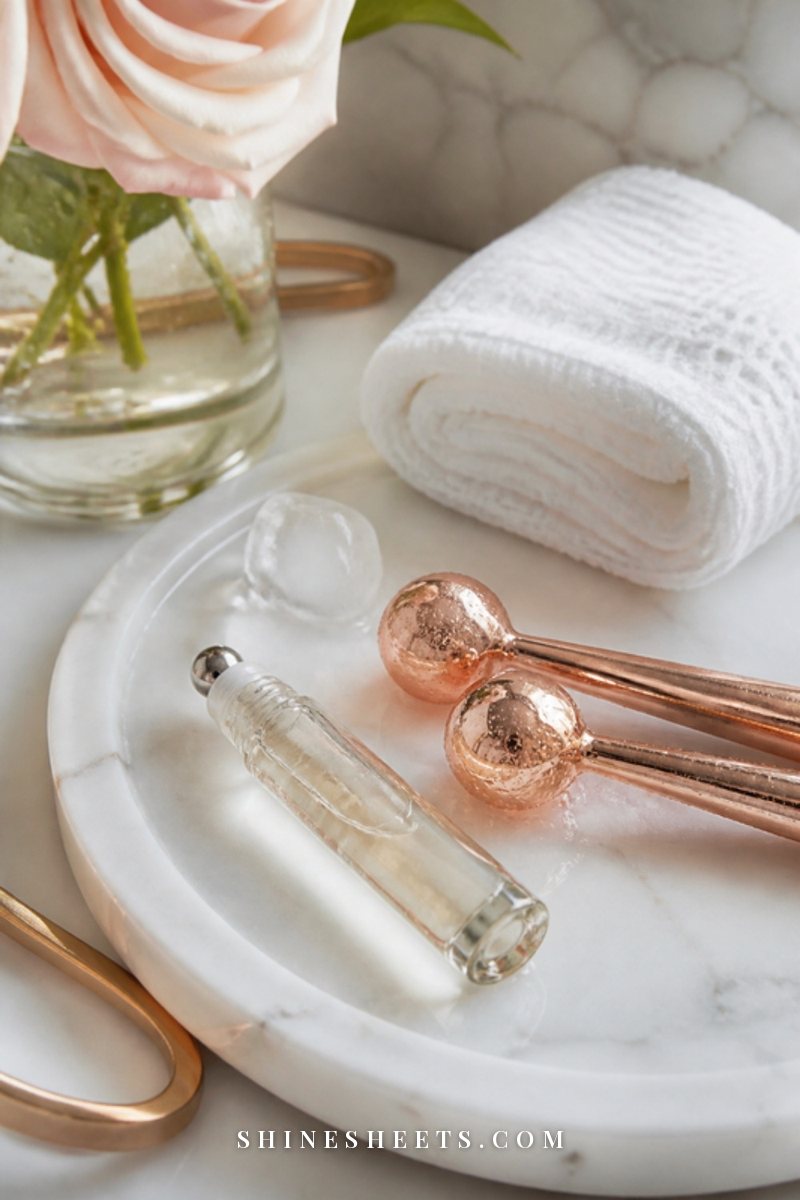 A slim glass roller-ball eye serum and a pair of rose-gold cooling eye globes resting on a white marble tray with a white towel