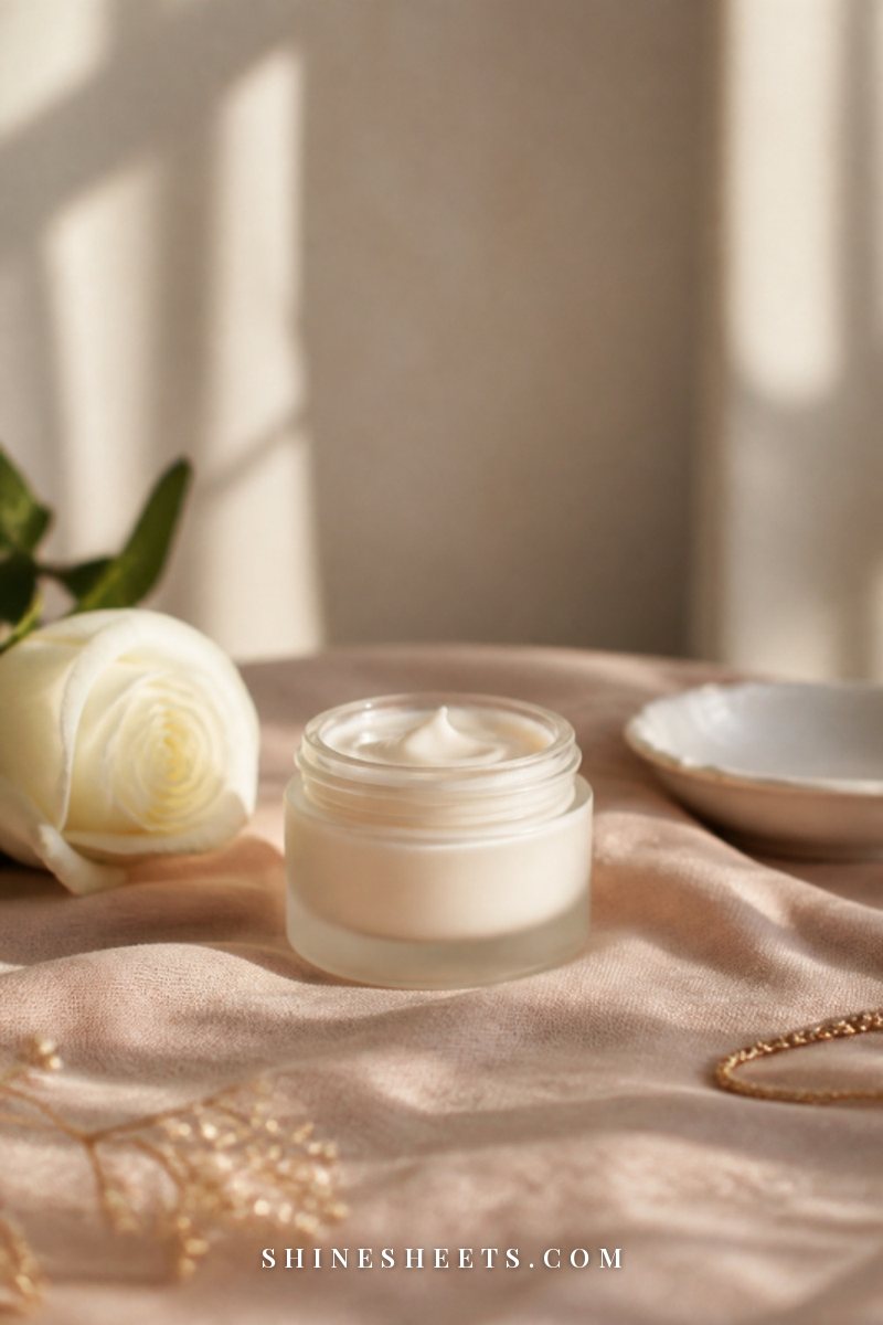 A small cream jar of eye cream with its lid off on a blush linen cloth beside a white ceramic dish in soft morning light