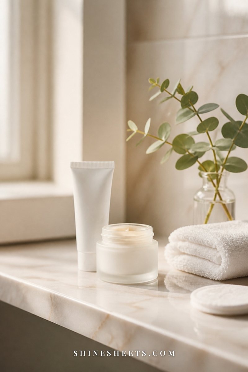 A small white tube and a glass jar of eye cream on a cream bathroom shelf beside a folded white cotton towel and a sprig of eucalyptus
