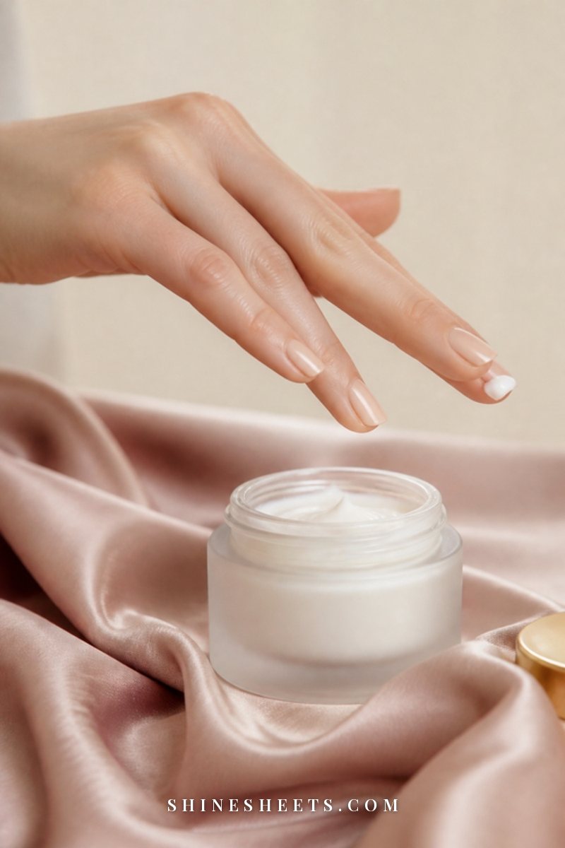 A tiny dot of white eye cream on the tip of a ring finger above an open cream jar on a blush satin cloth