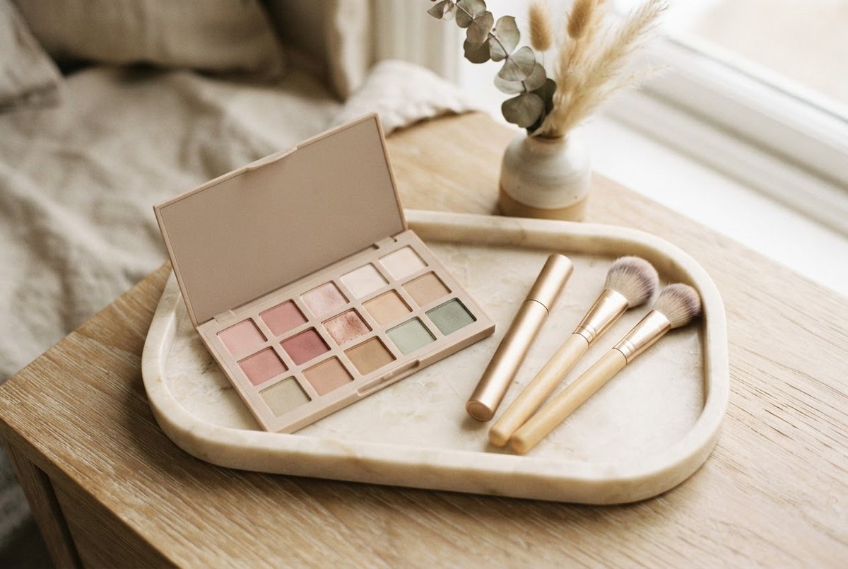 Neutral eyeshadow palette, mascara and two fluffy makeup brushes on a cream marble vanity tray