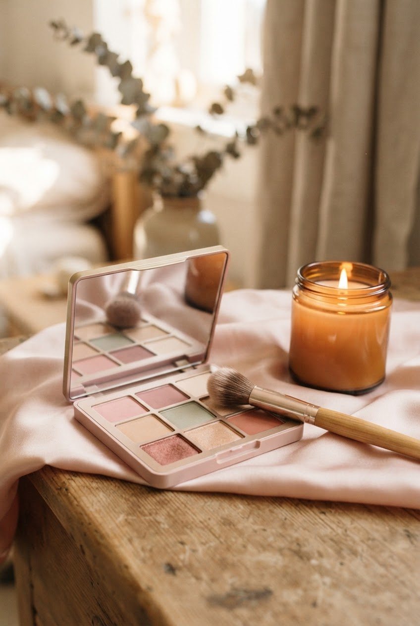 Pink and champagne eyeshadow palette with a fluffy brush and a glass candle on a blush satin cloth