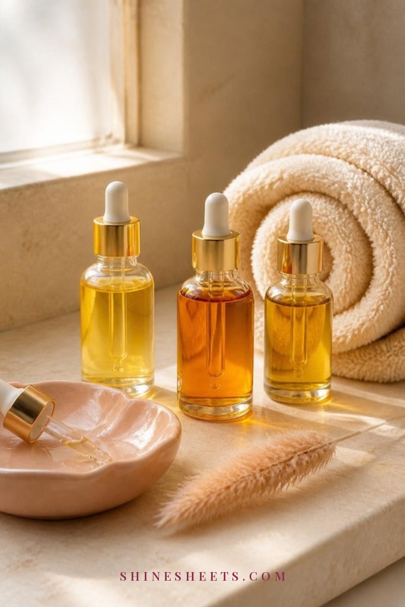 Rich golden facial oils in clear glass dropper bottles with a fluffy cream towel and a blush ceramic dish on a beige bathroom shelf