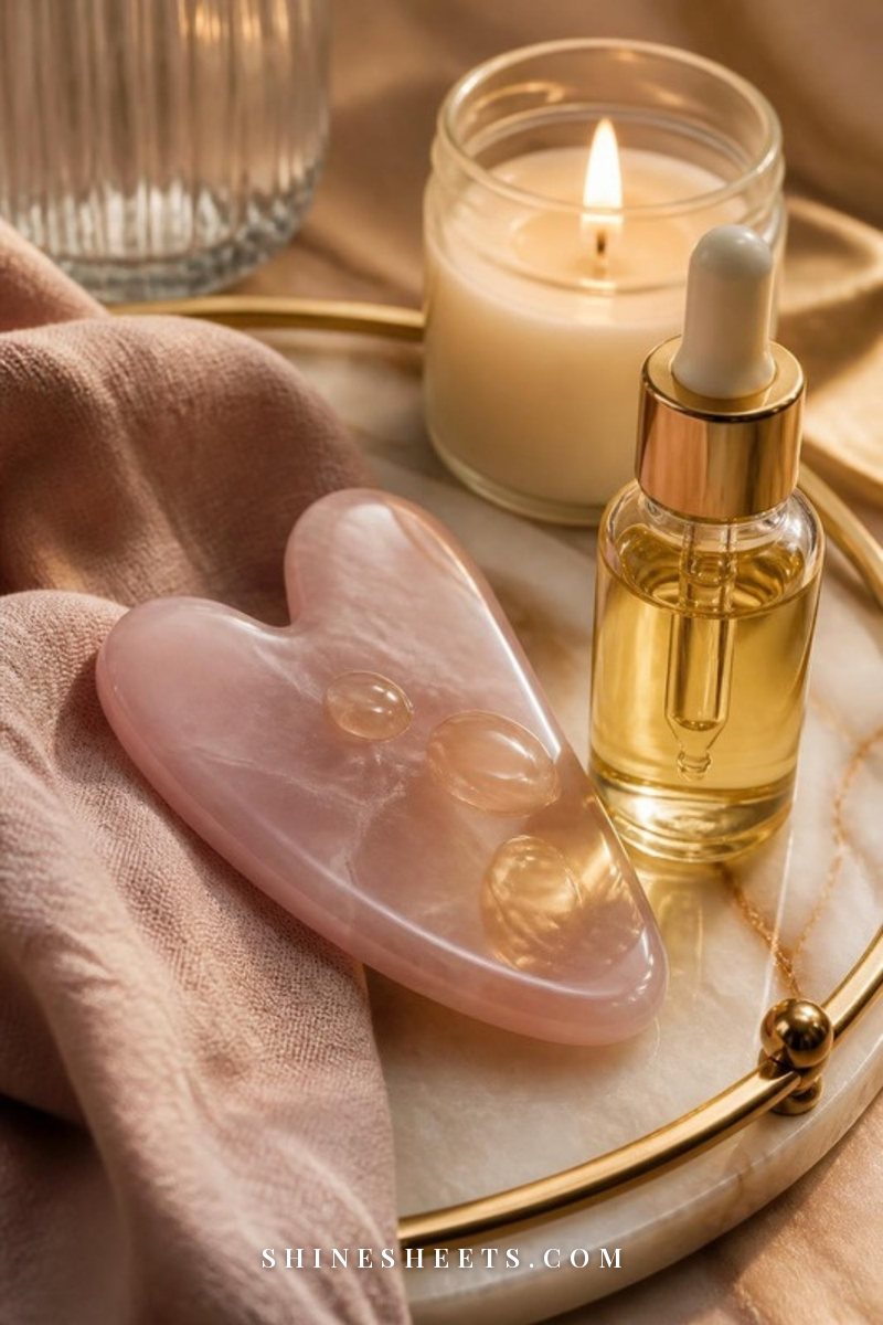 A rose quartz gua sha stone and a small glass bottle of facial oil on a blush linen cloth beside a lit glass candle in warm evening light