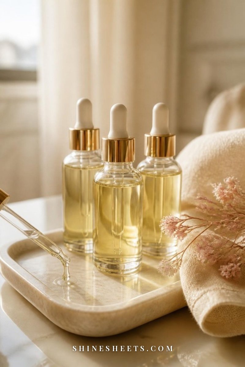 Three clear glass dropper bottles of golden facial oil on a cream marble tray with a single drop on the pipette in soft morning light