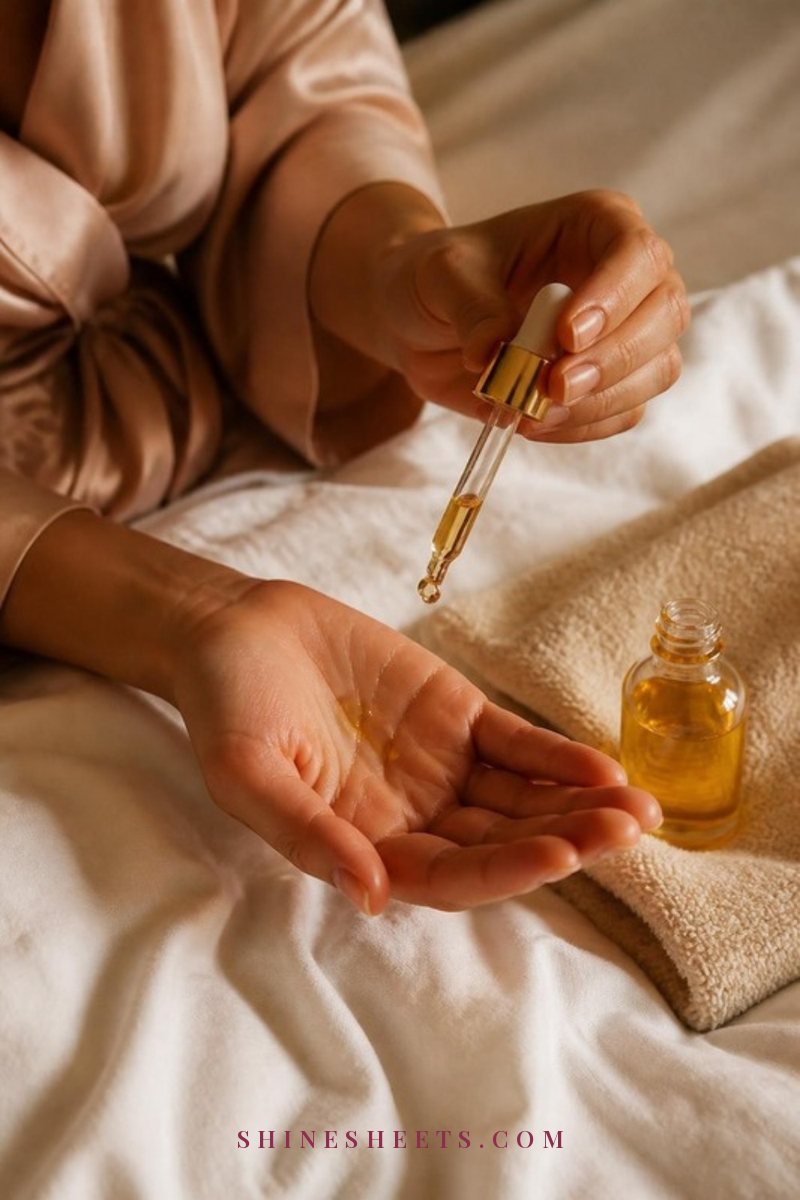 A woman's hands with a few drops of clear golden facial oil pooled in one palm, a glass dropper bottle and a cream towel on a white linen bed