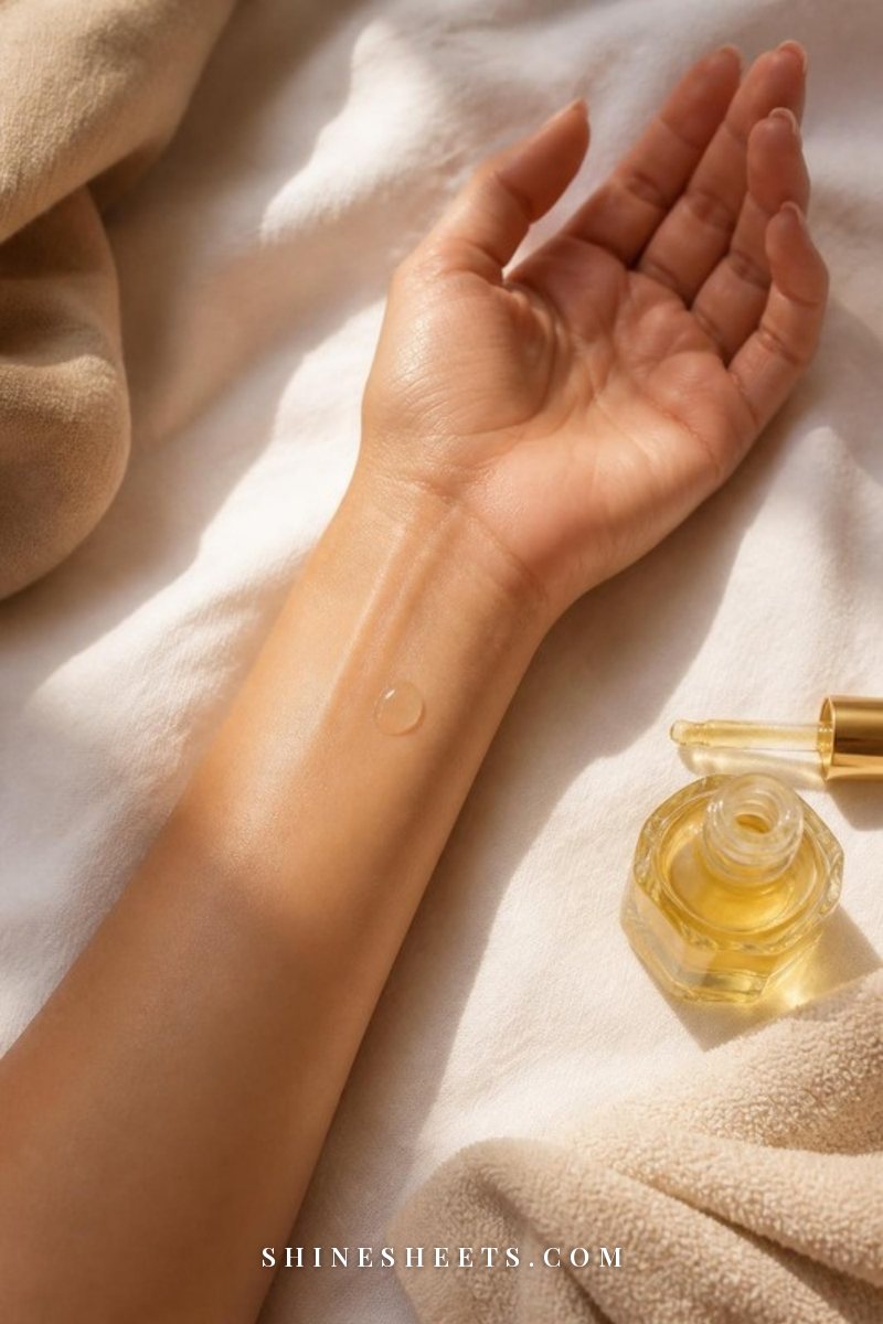 A woman's inner forearm with a tiny dab of facial oil beside a small glass dropper bottle and a cream cotton towel on a white linen surface
