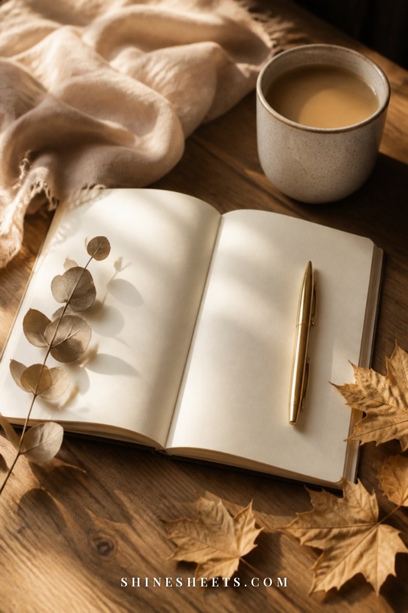 An open blank notebook, a gold pen, a cup of chai and golden maple leaves on an oak table