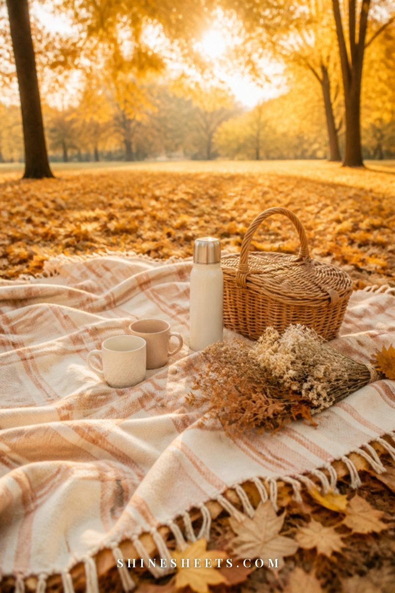 A plaid picnic blanket with two mugs and a thermos under golden autumn trees