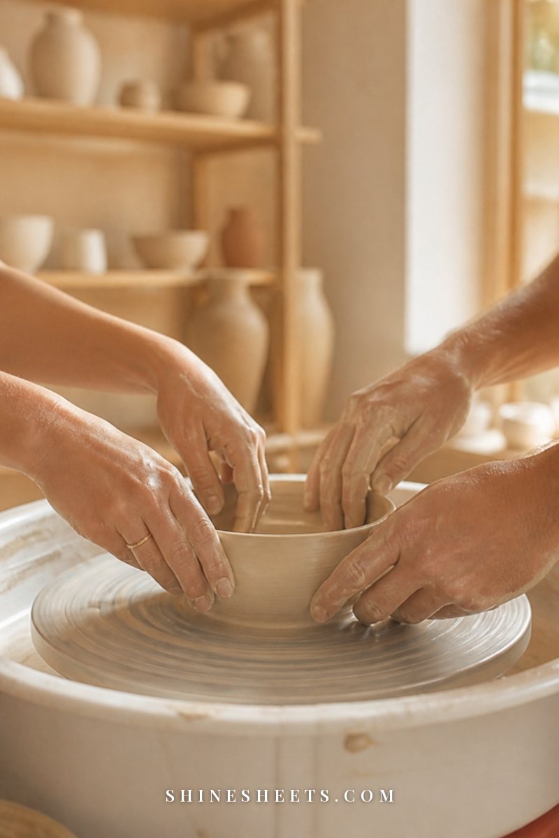 Two hands shaping clay on a pottery wheel in a warm, sunlit studio