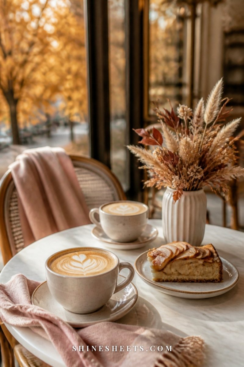 Two lattes and a slice of apple pie on a marble café table by a window with autumn leaves outside
