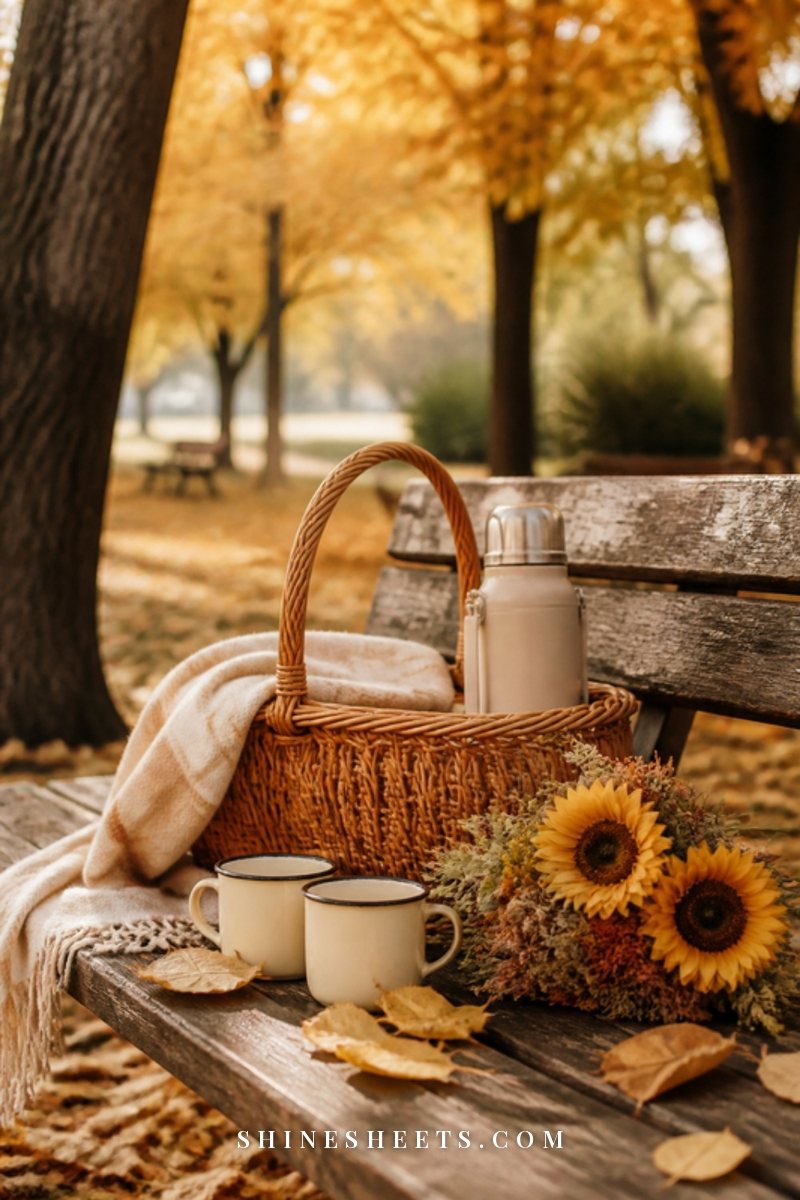 A wicker picnic basket, a thermos and a bunch of sunflowers on a wooden bench in autumn