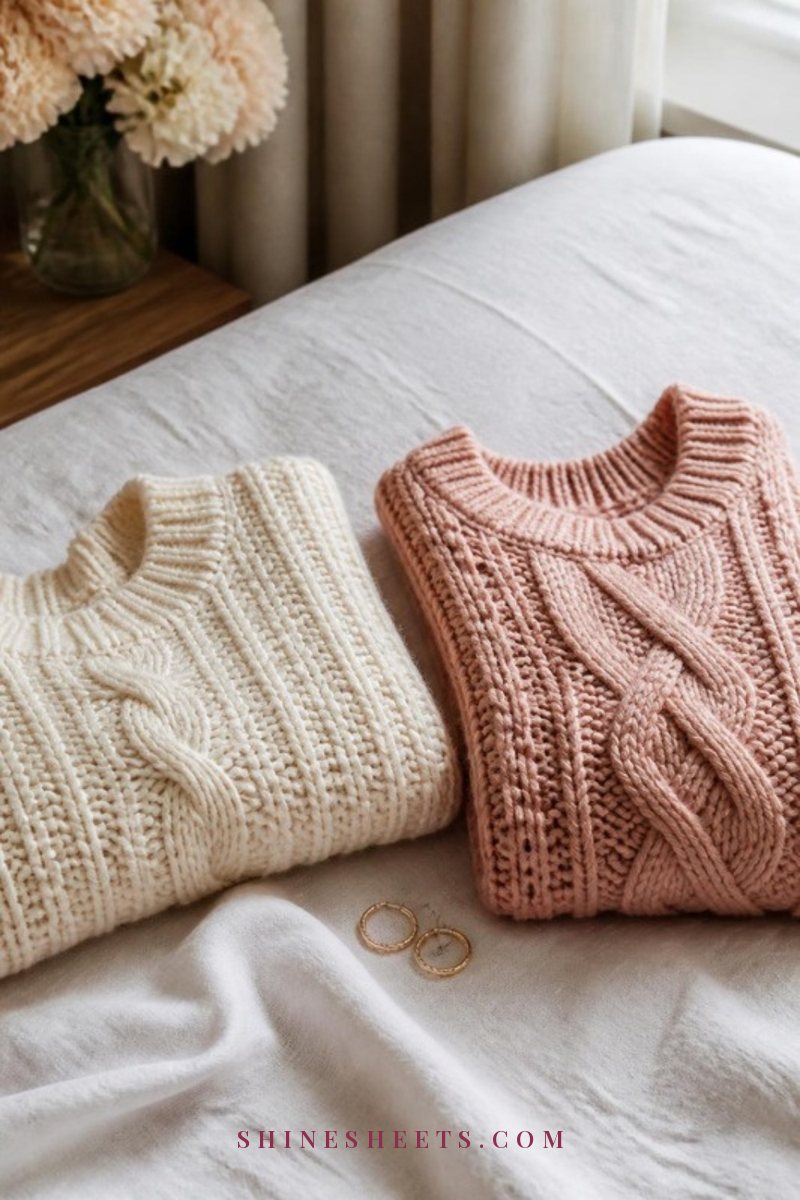 A women’s cream cable-knit sweater, camel coat and suede ankle boots laid out on a bed